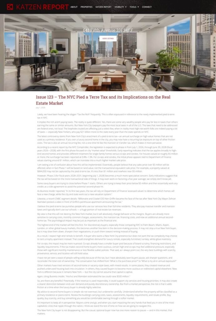 Issue 123 - The NYC Pied a Terre Tax and its Implications on the Real Estate Market